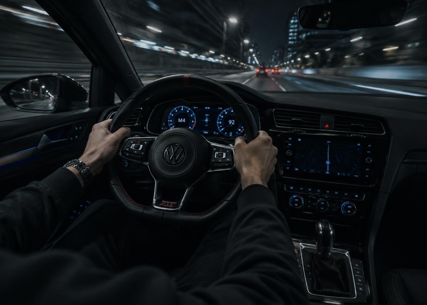 Dual-clutch hot hatch interior at night