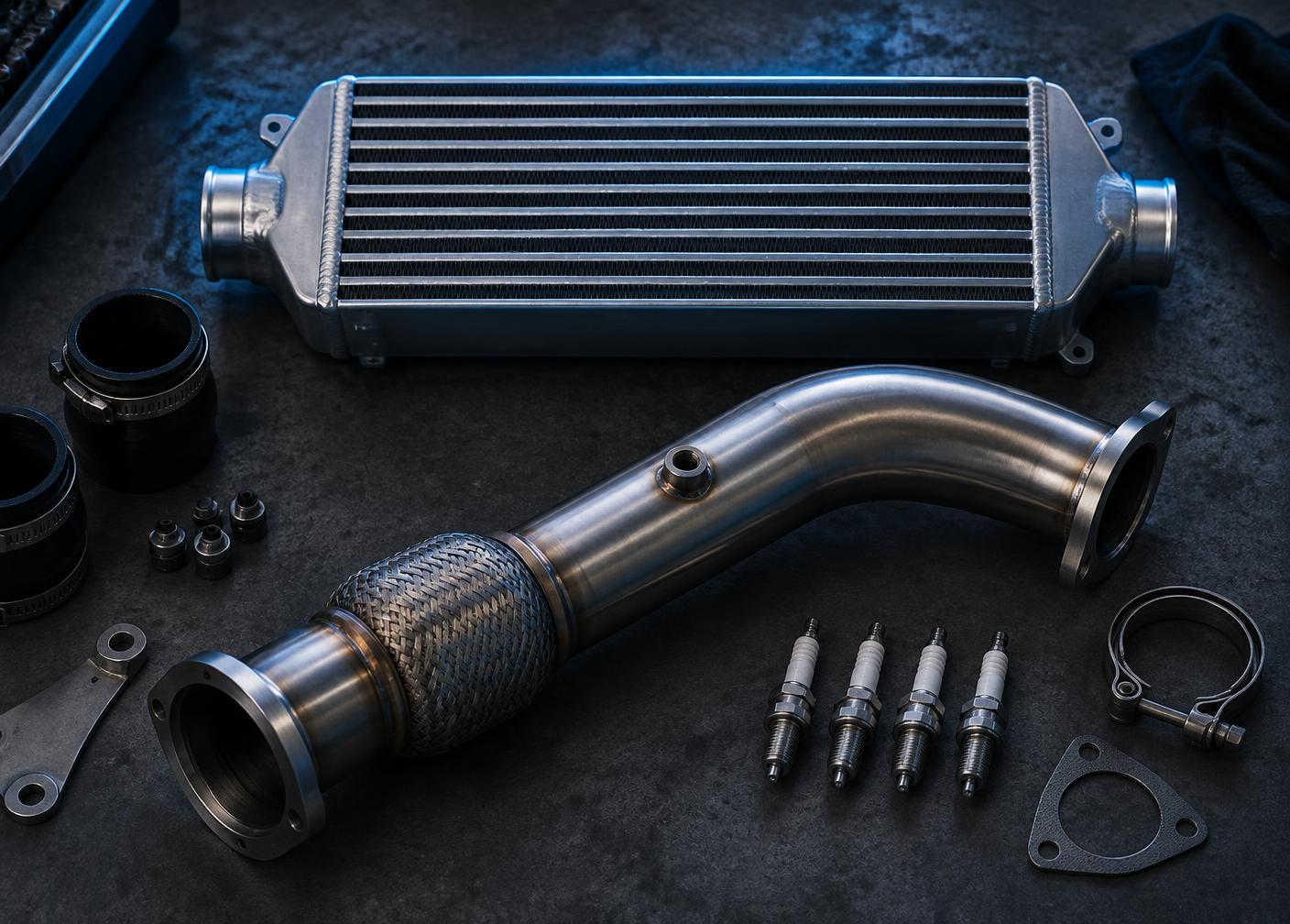 Downpipe, intercooler and hardware laid out on a workshop surface
