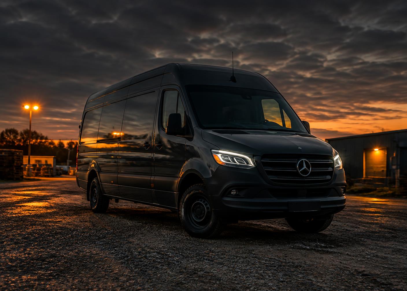 Dark cargo van parked in a work yard at dusk